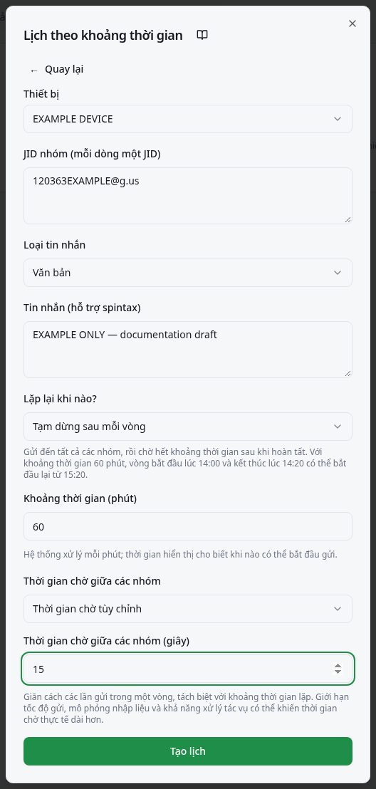 Các trường thiết bị, nhóm, tin nhắn, Lặp lại khi nào? và khoảng thời gian tính bằng phút.