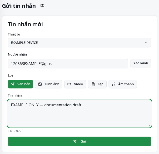 Gửi nhanh với thiết bị, người nhận, tin nhắn và nút Gửi.