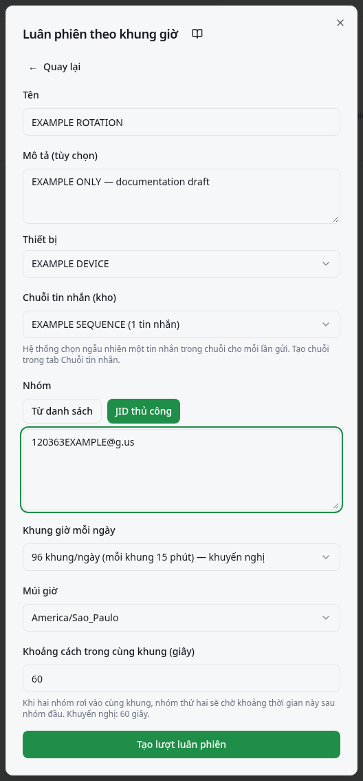 Lựa chọn chuỗi, nguồn nhóm, khung giờ, múi giờ và khoảng cách.